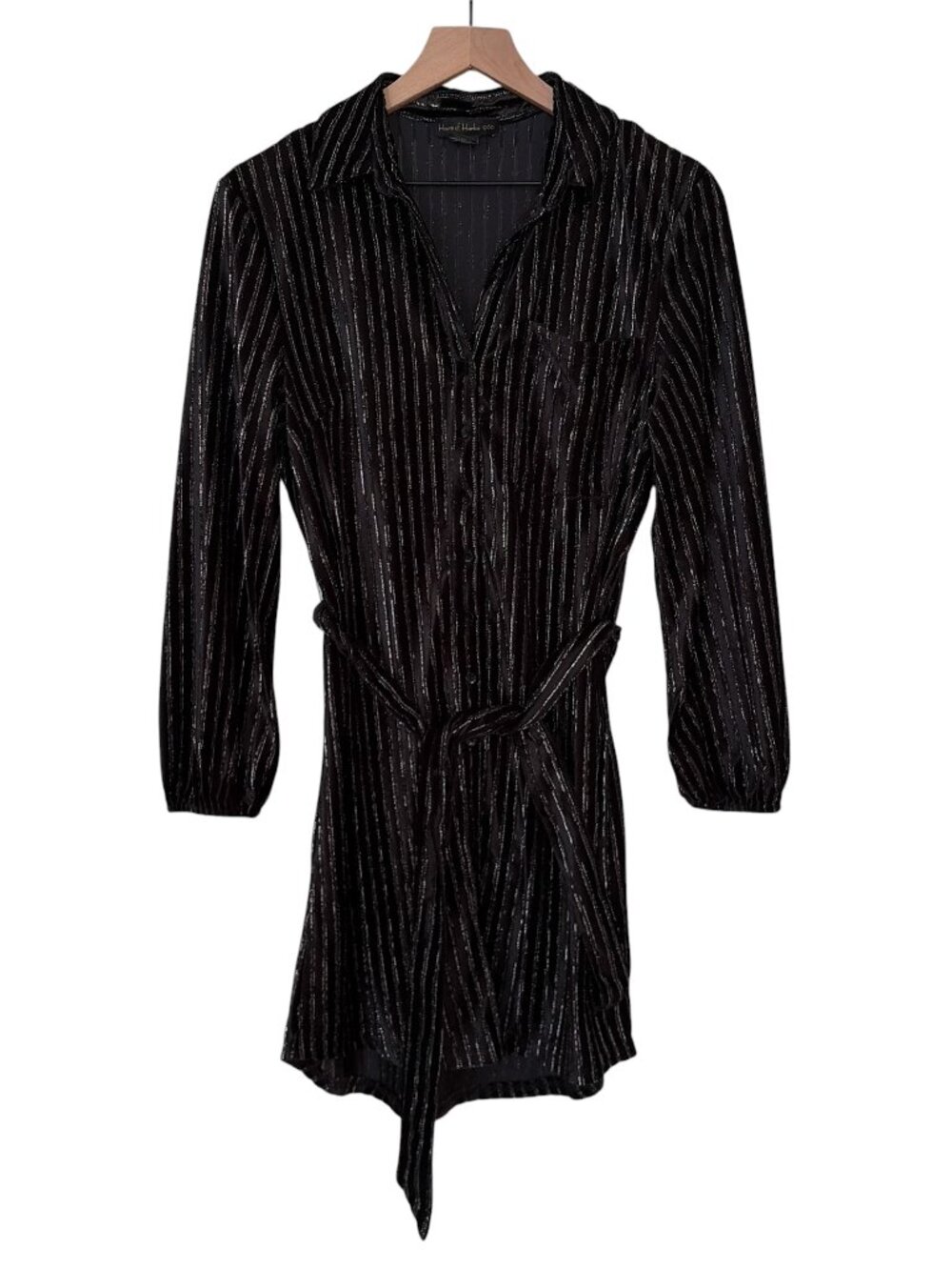 House of Harlow 1960 Black Velvet Metallic Striped Belted Shirt Dress